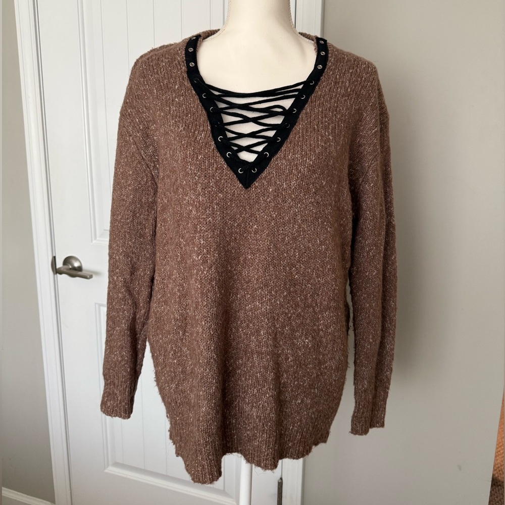 Brown Lace Up Sweater